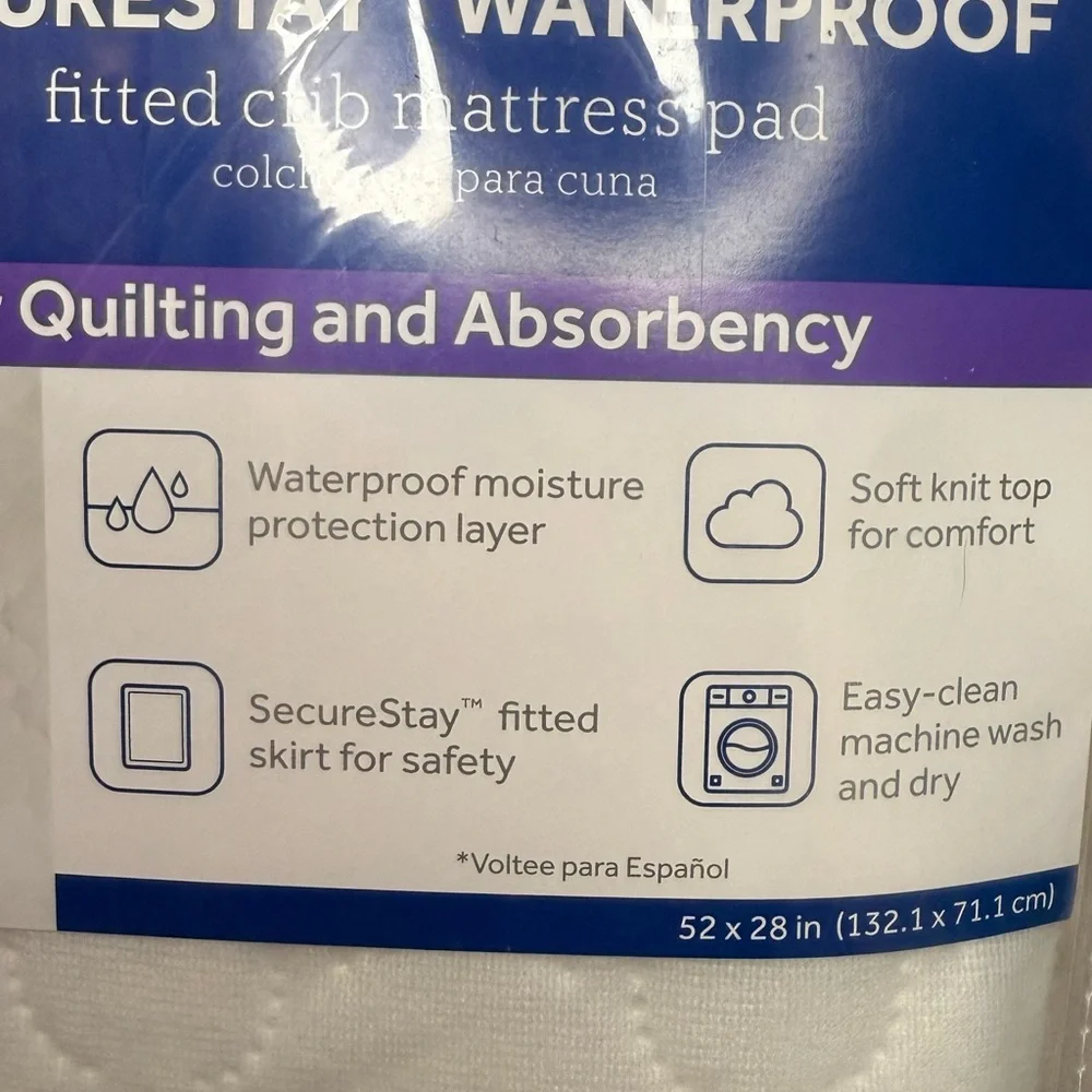 Sealy Securestay Waterproof Fitted Crib Mattress Pad 52x28 Inches New In Package